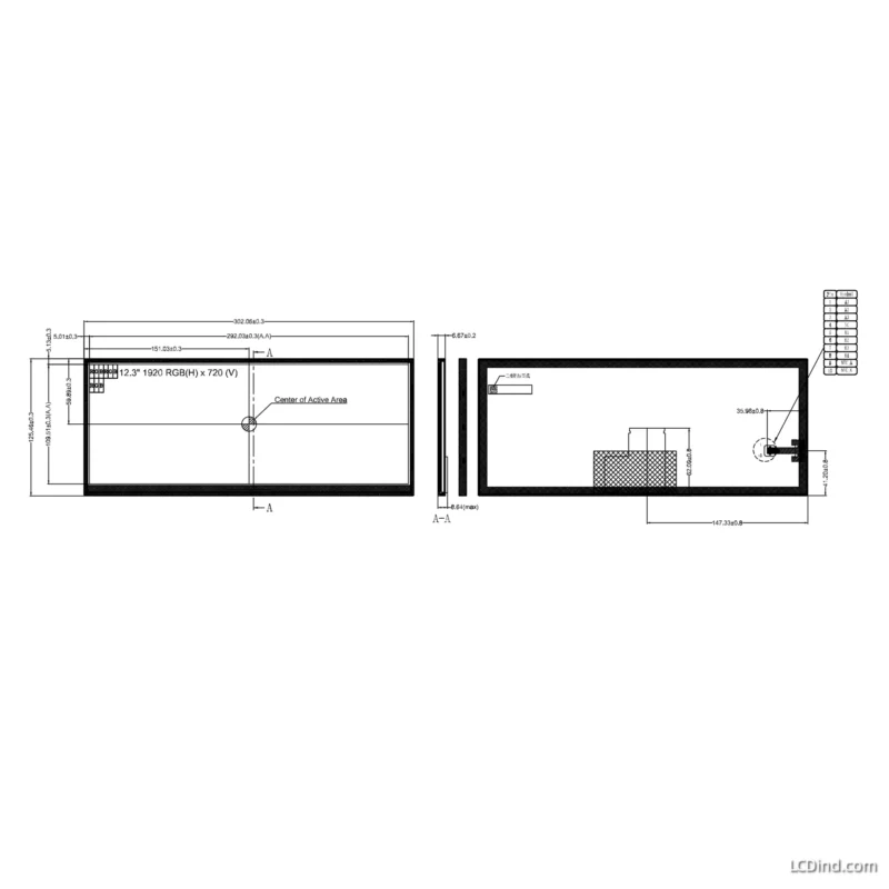 Mechanical Dimensions of 12.3 Inch In-Cell Touch LCD with 60-Pin LVDS Interface