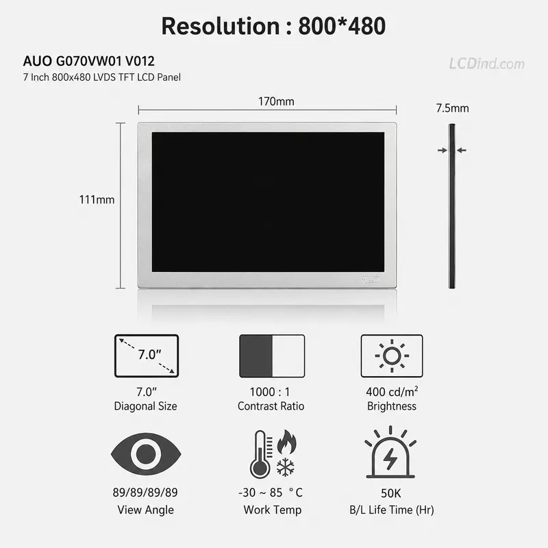 Auo G070vw01 V012 7 Inch 800x480 Lvds Tft Lcd Panel (1)_Industrial Tft Lcd Display & Custom Touch Solutions AUO G070VW01 V012 7 Inch 800x480 LVDS TFT LCD Panel