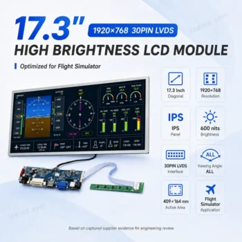 17.3 Inch 1920x768 30PIN LVDS 600 Nits High Brightness LCD Module for Flight Simulator